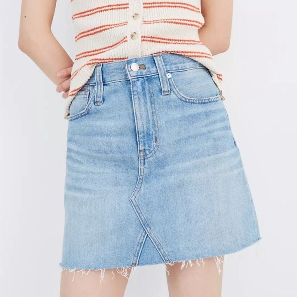 Madewell Rigid Denim A-Line Distressed Raw Hem Denim Skirt Contemporary Boho